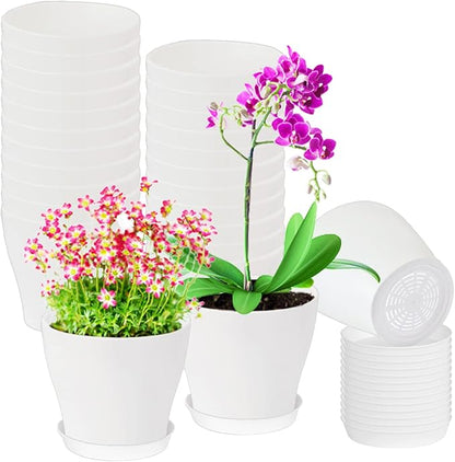 24 Set 4 Inch White Plant Nursery Pots,Plastic Planters Succulent Container with Trays and Drainage Holes for Indoor Outdoor Small Plants,Herbs,Seeds