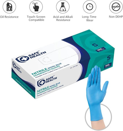 Safe Health Nitrile Exam Gloves – 4 mil, Latex-Free, Powder-Free, Disposable, Blue, Medical Grade, Food, Cleaning Use