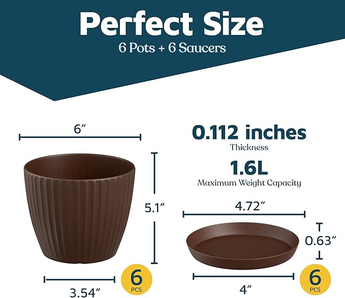 Brown 6-Inch Plant Pots with Drainage & Saucers 3 Pack, Indoor & Outdoor Planters for Houseplants, Herbs, and Flowers, Durable & Weatherproof Material, Stackable, Lightweight, Minimalist Design