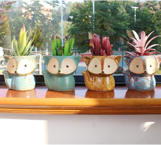 4 Pack Cute Fox Shape Ceramic Succulent Plant Pots Cactus Plant Pot Flower Pot with A Hole for Home & Office Decor