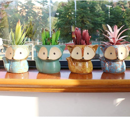 4 Pack Cute Fox Shape Ceramic Succulent Plant Pots Cactus Plant Pot Flower Pot with A Hole for Home & Office Decor