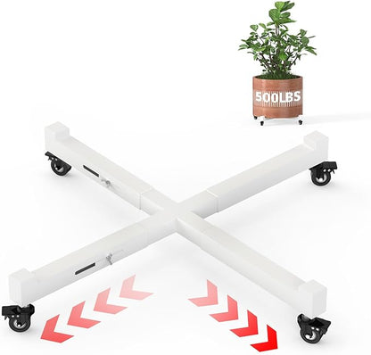 Plant Caddy with Wheels, Adjustable 14in to 21inch Heavy Duty Rolling Plant Dolly, Metal Plant Stand with 4 Lockable Caster Wheels, for Indoor Outdoor Pots Planter, Holds Up to 500 Lbs, White