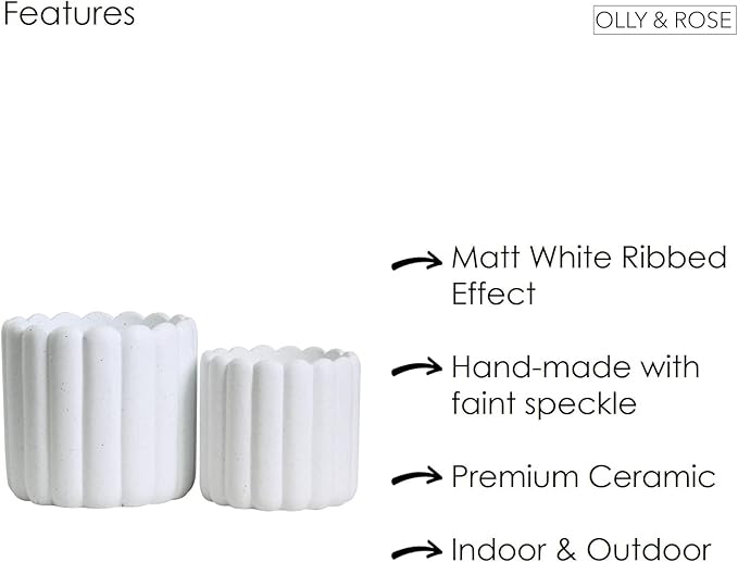 Olly & Rose Vertical Striped Ribbed Plant Pots - Charcoal Speckled White Planters - 6.5" and 5.3" Diameter Flower Pots for Indoors and Outdoors (White Ribbed)