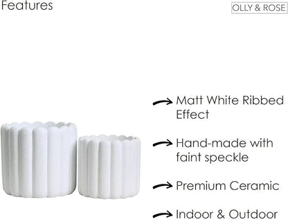 Olly & Rose Vertical Striped Ribbed Plant Pots - Charcoal Speckled White Planters - 6.5" and 5.3" Diameter Flower Pots for Indoors and Outdoors (White Ribbed)