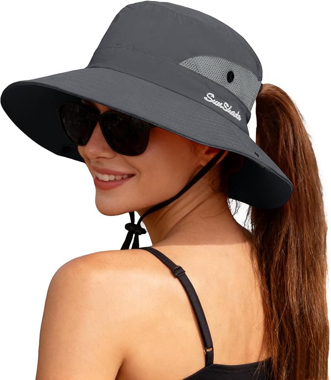 ZOORON Women's Ponytail Safari Sun Hat,Wide Brim UV Protection Outdoor Bucket Hat,Foldable Beach Summer Fishing Hat