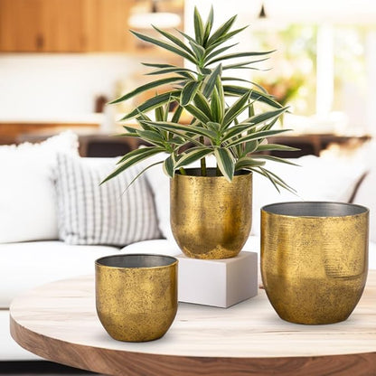 Briful Set of 3 Shabby Gold Galvanized Buckets Multi-Size Rustic Chic Metal Planters for Home Centerpieces Table Decor, Farmhouse Garden Round Metal Pots for Flowers Plant Herb(4 ¾''/5 ½''/6 ¾'')