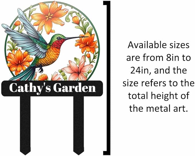 Personalized Hummingbird and Flowers Garden Sign - Customized Custom Colorful Flowers Bird Metal Garden Stake Outdoor Plaque - Lawn Yard Art Decor Sign With Stakes
