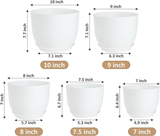 Plant Pots 10/9/8/7.5/7 inch Flower Pots with Multi Mesh Drainage Holes, Planters for Indoor Outdoor Garden Plants and Flowers. (White)