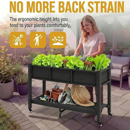DWVO 47x18x3in Raised Garden Bed Outdoor HDPE with Legs and Lockable Wheels, Weather-Resistant Poly-Wood Elevated Planter Box, Double Tier Planters for Backyard Patio Balcony, Black