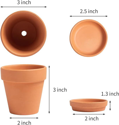 3 Inch Terracotta Starter Pots with Saucers – Clay Planting System for Seedlings, Cuttings & Succulents, Reliable Drainage for Healthy Roots, Ideal for Beginners & Small Spaces