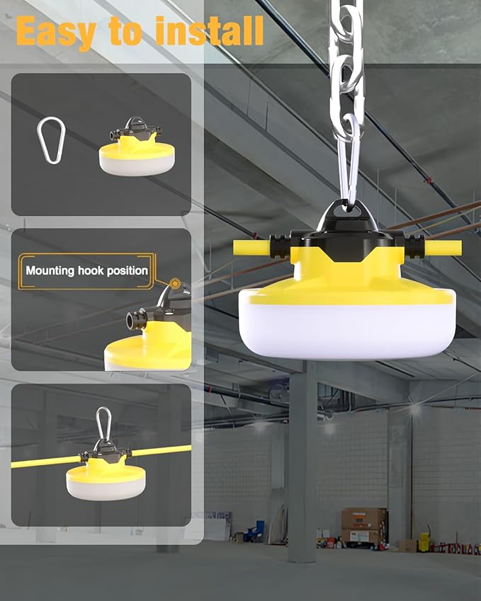 LED Construction String Light 50FT, 65W 8000Lm Industrial LED String Work Lights with 5 Bulbs, 5000K Linkable Work Lights Temporary Lighting for Construction Site, Job Site, Attic, Crawl Space