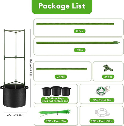3 Pack Tomato Cage with 10 Gallon Grow Bags, 48" Height Adjustable Tomato Trellis with 65Ft Twist Tie, Heavy Duty Tomato Cages for Garden Flowers Vegetables Climbing Plants