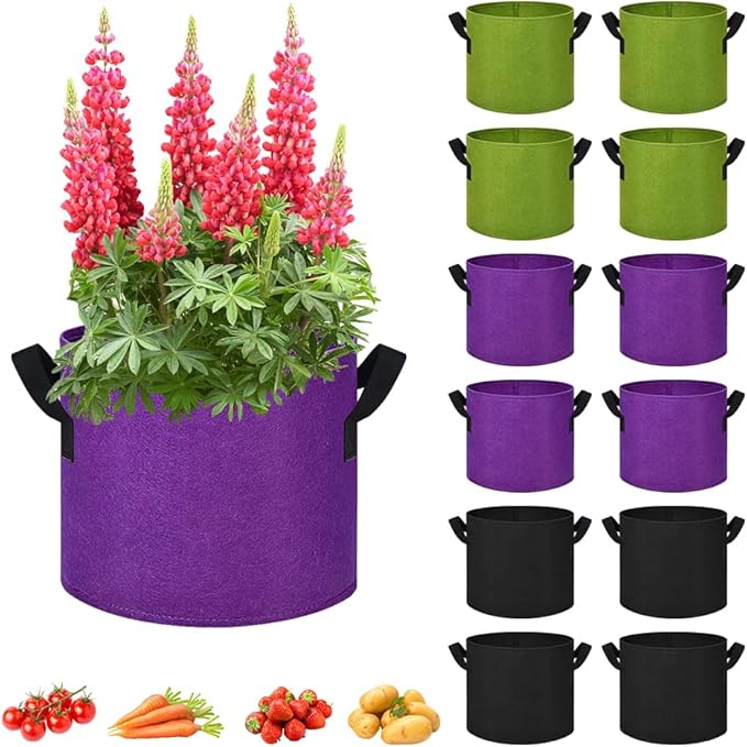 5 Gallon Grow Bags, 12 Pack Multicolor Fabric Plant Pot Bag with Handles Plant Grow Bags for Flowers, Fruits and Vegetables ﻿ (Green+Purple+Black)