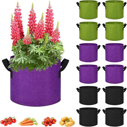 5 Gallon Grow Bags, 12 Pack Multicolor Fabric Plant Pot Bag with Handles Plant Grow Bags for Flowers, Fruits and Vegetables ﻿ (Green+Purple+Black)