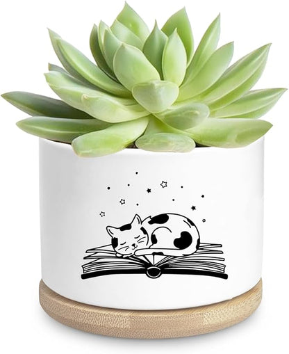 Funny Cat Ceramic Planter Pot, Cute Succulents Pots for Indoor for Cat Lover Women Friends Coworker Birthday Sister Bestie, Office Desk Windowsill Decor (Plants Not Included)