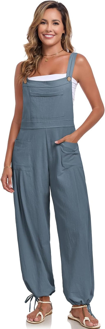ALSOGO Womens Wide Leg Overalls Loose Beach Vacation Outfits Jumpsuits 2025 Causal Sleeveless Rompers with Pockets