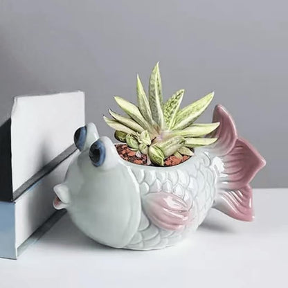 6 Inch Vintage Tropical Fish Ceramic Planter, Cute Cartoon Succulent Cactus Bonsai Pot, Air Plant Holder Display Container for Home Office Desk Shelf Windowsill Decor (No Plants)