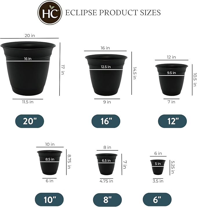 The HC Companies Eclipse Round Planter with Saucer - Outdoor & Indoor Plant Pot with Drainage Holes - Lightweight, UV-Resistant Plastic Pots for Plants, Flowers & Herbs (16" Black, Pack of 1)