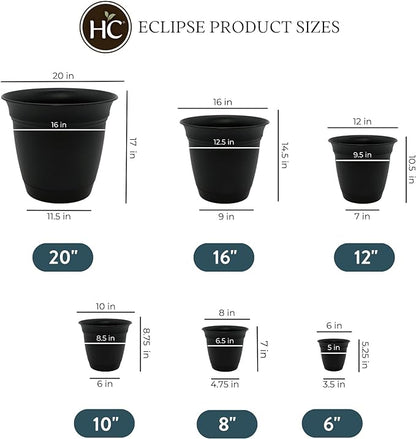 The HC Companies Eclipse Round Planter with Saucer - Outdoor & Indoor Plant Pot with Drainage Holes - Lightweight, UV-Resistant Plastic Pots for Plants, Flowers & Herbs (12" Black, Pack of 1)