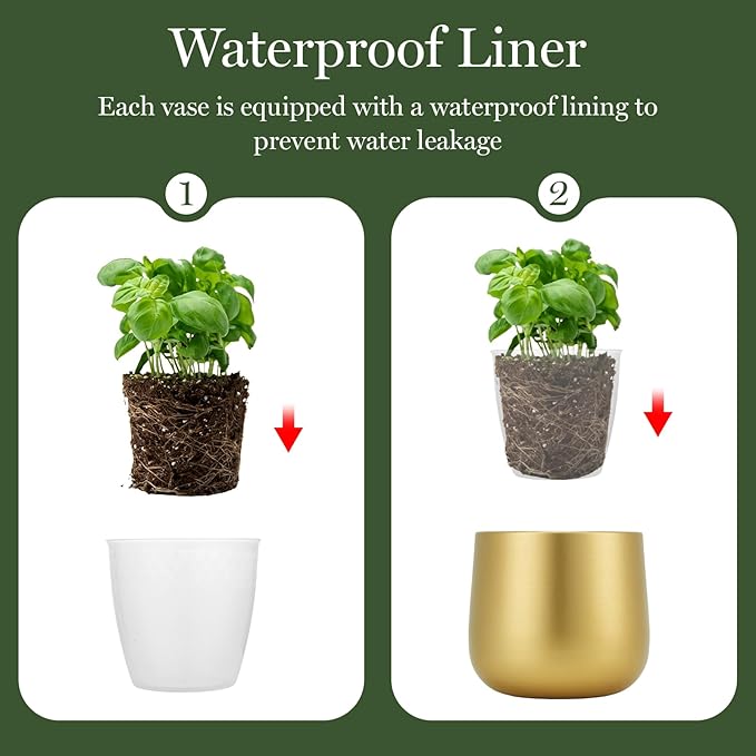 6.3'' Gold Plant Pots Vase for Indoor Plants, Metal Planters with Drainage Hole Waterproof Liner, Set of 2 Modern Decorative Round Gold Planter for Tabletop Succulents Snake Cactus