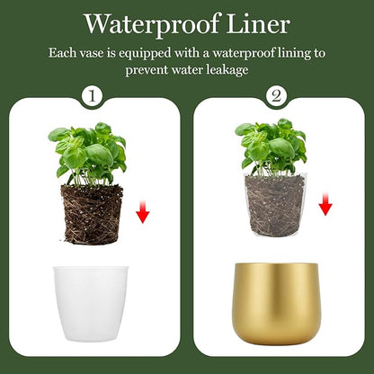 6.3'' Gold Plant Pots Vase for Indoor Plants, Metal Planters with Drainage Hole Waterproof Liner, Set of 2 Modern Decorative Round Gold Planter for Tabletop Succulents Snake Cactus
