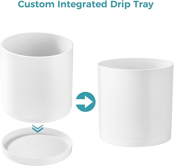 FaithLand 14-Inch Large Modern Cylinder Planter, Thick-Walled Plastic Plant Pot with Drainage Holes and Detachable Saucer, Matte White, Ideal for Indoor & Outdoor Plants Flowers