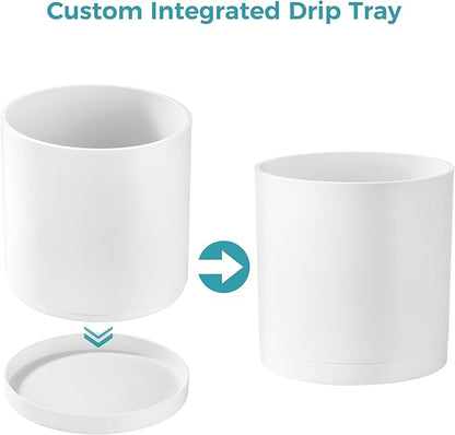FaithLand 12-Inch Large Modern Cylinder Planter, Thick-Walled Plastic Plant Pot with Drainage Holes and Detachable Saucer, Matte White, Ideal for Indoor & Outdoor Plants Flowers