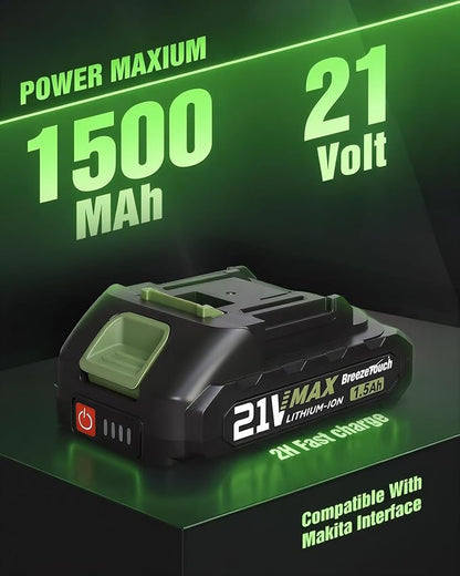 Breeze Touch 21v Cordless Hedge Trimmer, Electric Bush Shear & 2 Blades Grass Tool with 1.5ah Battery and Fast Charger, Light Weight Handheld Solution for Lawn and Garden Care