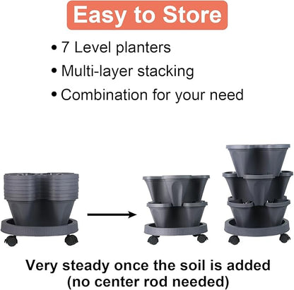 DUNCHATY Stackable Planter, Vertical Garden Planter with Wheels and Tools, Self Watering Strawberry Planter Indoor/Outdoor 7 Tier Herb Planter Pots for Growing Vegetables and Succulents, Dark Gray