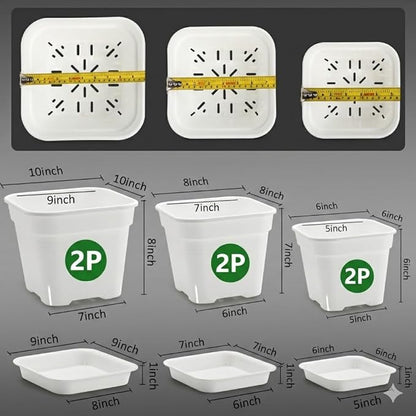 6 Pack 6/8/10 Inch Square Plant Pots with Saucers - 24-Strip Airflow Drainage for Root Health - Heavy Duty 5mm Thick White Plastic Orchid Planters for Indoor Outdoor Flowers, Herbs & Succulents