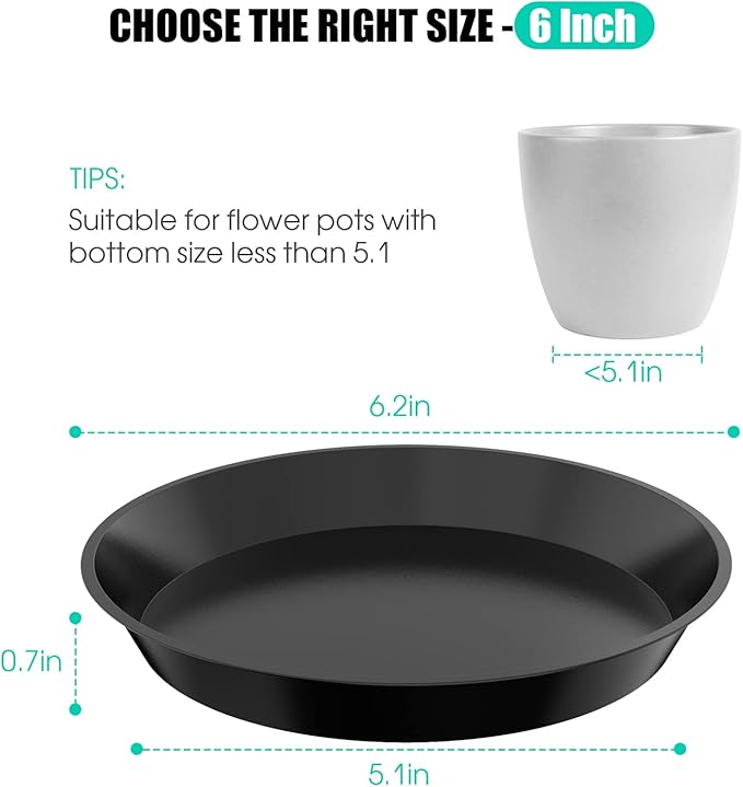 6 Pack Plant Saucer 4 6 8 10 12 14 16 18 20 22 Inch Plastic Plant Tray, Sturdy and Durable Flower Pot Container Accessories Plant Pot Saucers for Indoor and Outdoor (6 Inch, Black)