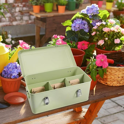 Picowe Metal Seed Storage Box Kit - 30 Seed Envelope Bags & 30 White Plant Labels for Organizing, Saving, and Storing Garden Seeds - Container for All Seed Types (Green, Large)