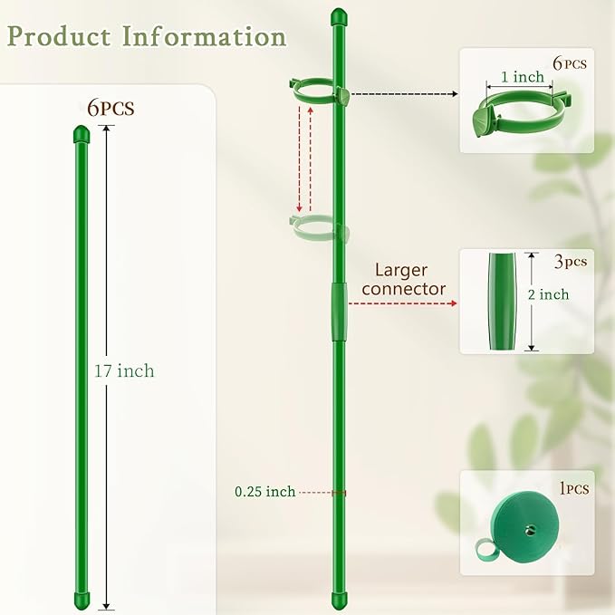 11 Pack Plant Support Set, 5pcs Plant Stakes and 6pcs 17inch Plant Sticks with Extension Poles, Plant Clips, Plant Ties for Potted Monstera Plants, Climbing Plants Tall Potted Plants