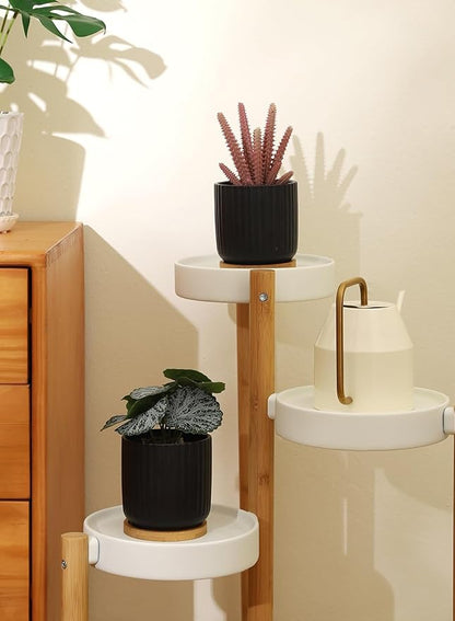 TAMAYKIM 4 Inch Small Plant Pots Indoor, Ceramic Flower Pot with Drainage Hole and Tray, Modern Vertical Pattern Planter for Succulents, Snake Plant, Aloe, Herbs, Black, Set of 4