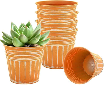 vensovo 4 Inch Orange Metal Rustic Flower Pots - 6Pcs Small Galvanized Planters with Drainage Hole and Rubber Plug, Rustproof Metal Bucket Plant Pots Farmhouse Vintage Style for Decor
