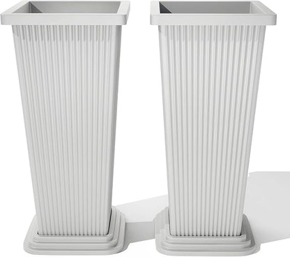 Set of 2 Large Tall Planter for Indoor or Outdoor 24" Flower Pots Tapered Tall Planters with Tray for Porch, Patio, Backyard, Large Planters for Outdoor Indoor Plants(White,Striped)