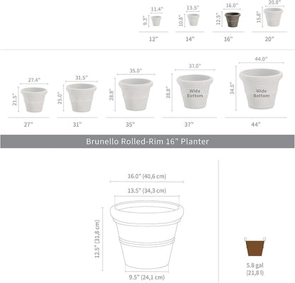 Crescent Garden Brunello Classic Rolled Rim Planter Pot, Indoor/Outdoor Weather-Safe Round Plant Pot, 16'' (Weathered Concrete)