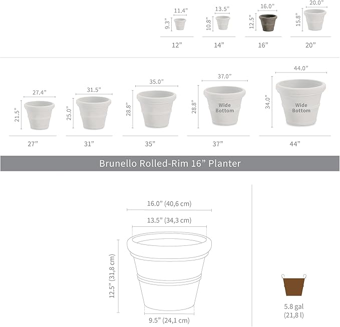 Crescent Garden Brunello Classic Rolled Rim Planter Pot, Indoor/Outdoor Weather-Safe Round Plant Pot, Premium Plastic Flowerpot for Houseplants, Herbs - 16''W (Rust)