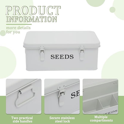 Seed Storage Organizer, 4 Compartment Seed Storage Box with Safety Lock, Metal Seed Box Seed Packet Container with 1 Pen, 12 Slots, 20 Plant Labels & 30 Seed Envelopes, White Gardening Gift