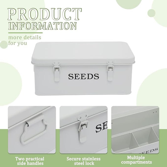 Seed Storage Organizer, 4 Compartment Seed Storage Box with Safety Lock, Metal Seed Box Seed Packet Container with 1 Pen, 12 Slots, 20 Plant Labels & 30 Seed Envelopes, White Gardening Gift