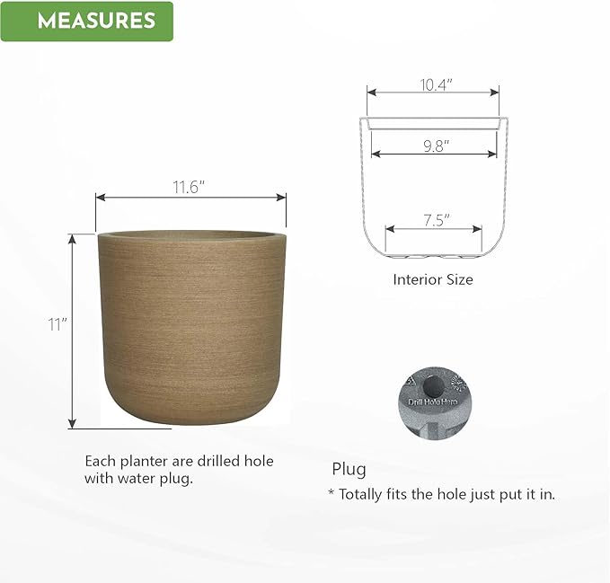 11 inch Plant Pot, Lightweight Weather & UV Resistant Plastic Plant Pot with Drainage Hole & Rubber Plug,Indoor Outdoor Pot for Palnts, Sandy Brushed Wood Texture Flower Planter for Home, Garden