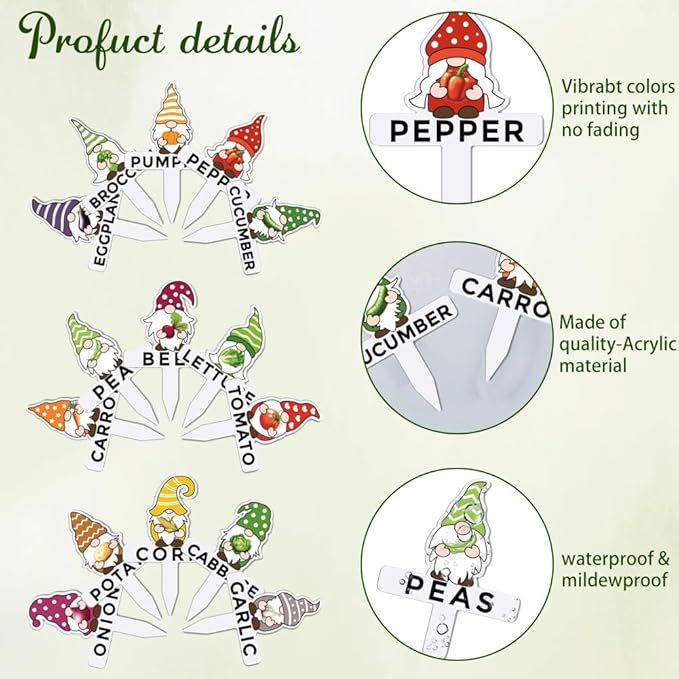 arricraft 15 Pcs Gnome Plant Markers, 15 Styles Vegetables Name Plants Tags Funny Garden Labels Acrylic T Type Plant Labels for Vegetables Seedling Potted Garden Stake Sign 10.2x6.8cm(4x2.68inch)