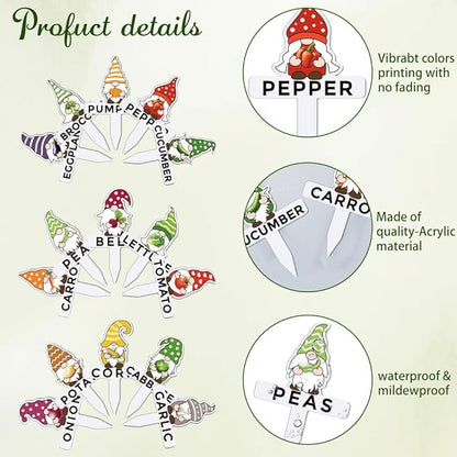 arricraft 15 Pcs Gnome Plant Markers, 15 Styles Vegetables Name Plants Tags Funny Garden Labels Acrylic T Type Plant Labels for Vegetables Seedling Potted Garden Stake Sign 10.2x6.8cm(4x2.68inch)