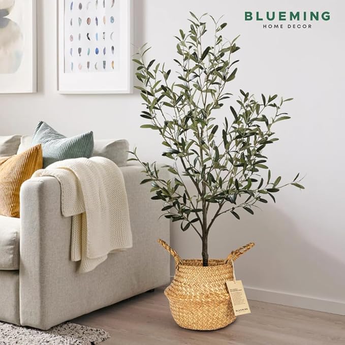 Olive Tree Basket – Wicker Seagrass Planter for Tall Indoor Faux Plants, Decorative Rattan Basket Cover for Houseplants, Snake Plant, Monstera, 7-8 Inch Pots (Original, Medium)