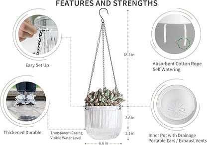 Josteve 6.5 Inch 2 Pcs Self Watering Hanging Planter Indoor Plant Pots Drainage Holes, Outdoor Hanging Planters Flower Pot Basket, Visible Water Level, Plant Hanger Home Decor, Gardening