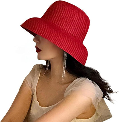 Wide-Brim Classic Elegant Style Foldable Straw Hat Women's Retro UV Resistant Sun Hats for Outdoor, Beach and Travel