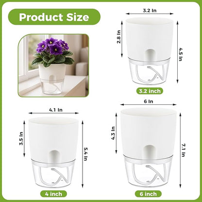 6 Pack Self Watering Pots for Indoor Plants, PlanterHoma 3.2/4/6 Inch Plant Pot Plastic Self Watering Planter for Orchid, African Violet, Small Clear Flower Pots with Drainage Holes and Wicking, White