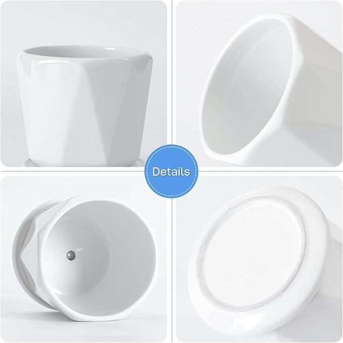 Octagon Ceramic Plant Pots - Indoor White Flower Planter Set with Drainage Holes, 6.7/5.5/4.7 Inch, Modern Decorative Planter Outdoor for Succulents Snakes and Herb