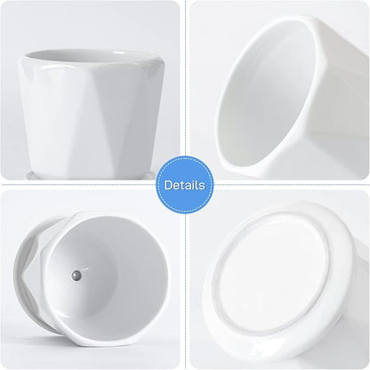 Octagon Ceramic Plant Pots - Indoor White Flower Planter Set with Drainage Holes, 6.7/5.5/4.7 Inch, Modern Decorative Planter Outdoor for Succulents Snakes and Herb
