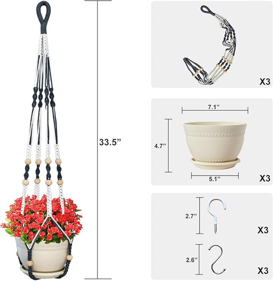 Macrame Plant Hanger with Pot, 3 Set Hanging Planters for Indoor Plants, Handmade Cotton Rope Boho Home Decor, Idea Gift for Anyone, Includes Plant Holders, Pots, Plates and Hooks (Mixed color-3)
